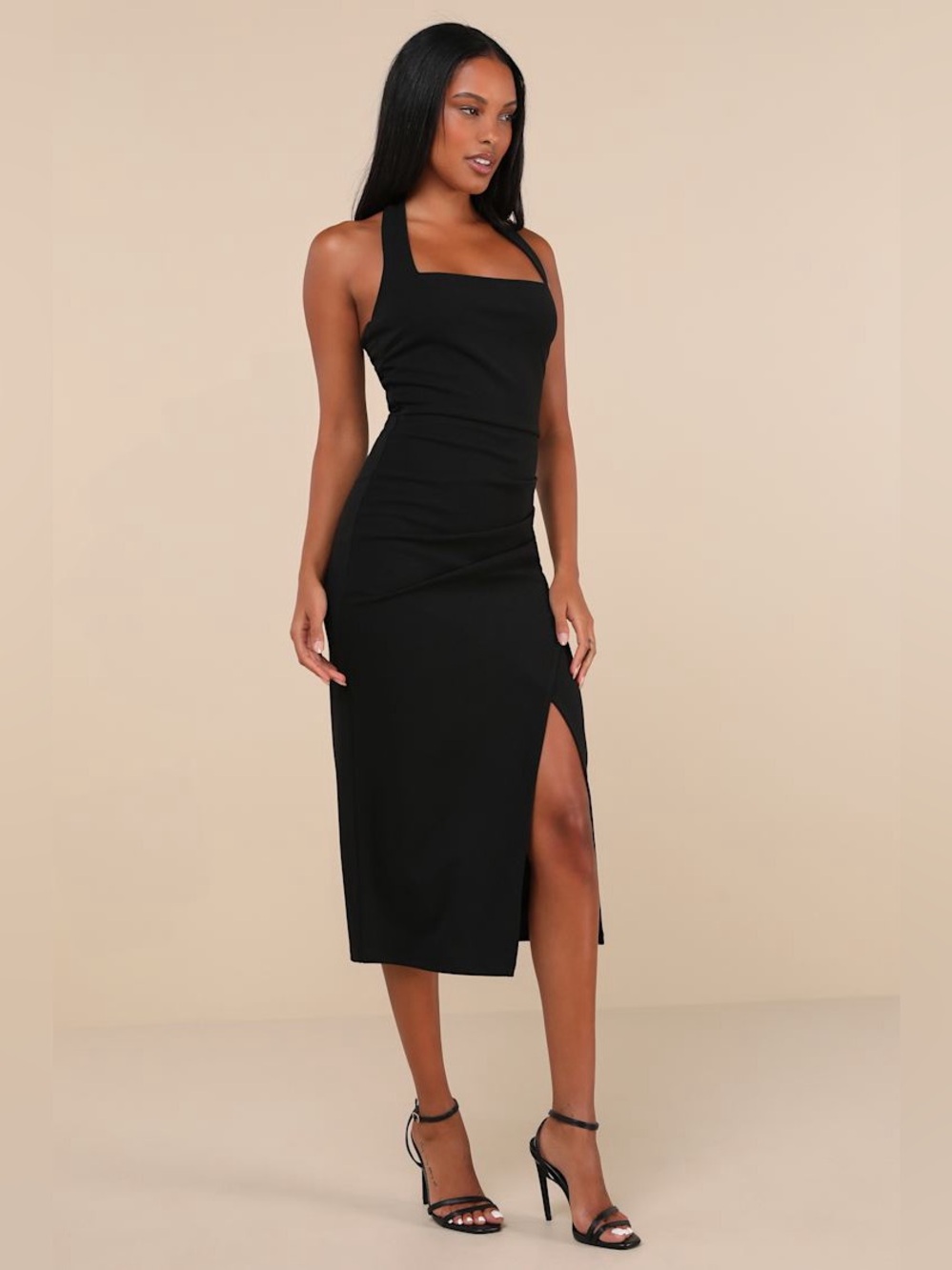 Lulus Prominent Charm Black Halter Bodycon Tulip Midi Dress Size Medium